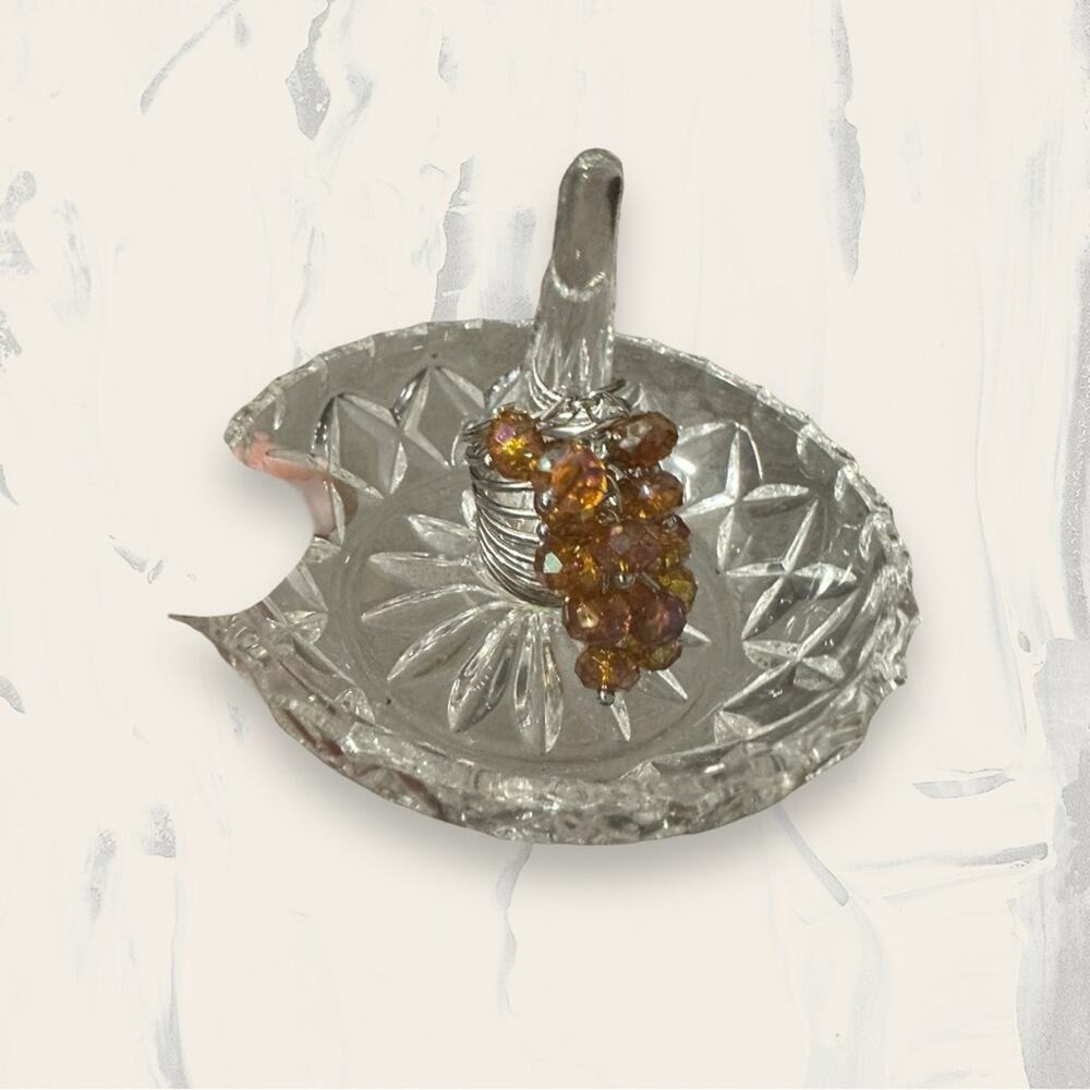 Orange Toned Rhinestone Gem Tiered Stacked Oversized Silver Toned Ring‎